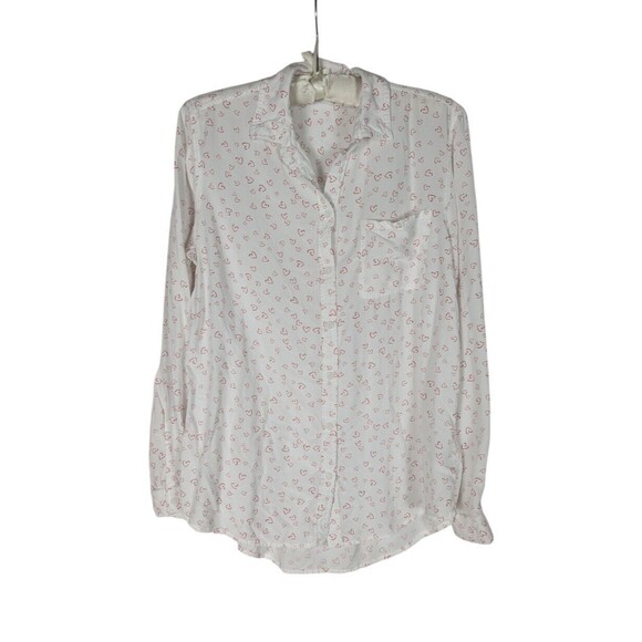 beachlunchlounge Button Down L Women's White Heart Print Long Sleeve Blouse Vday - Picture 1 of 6